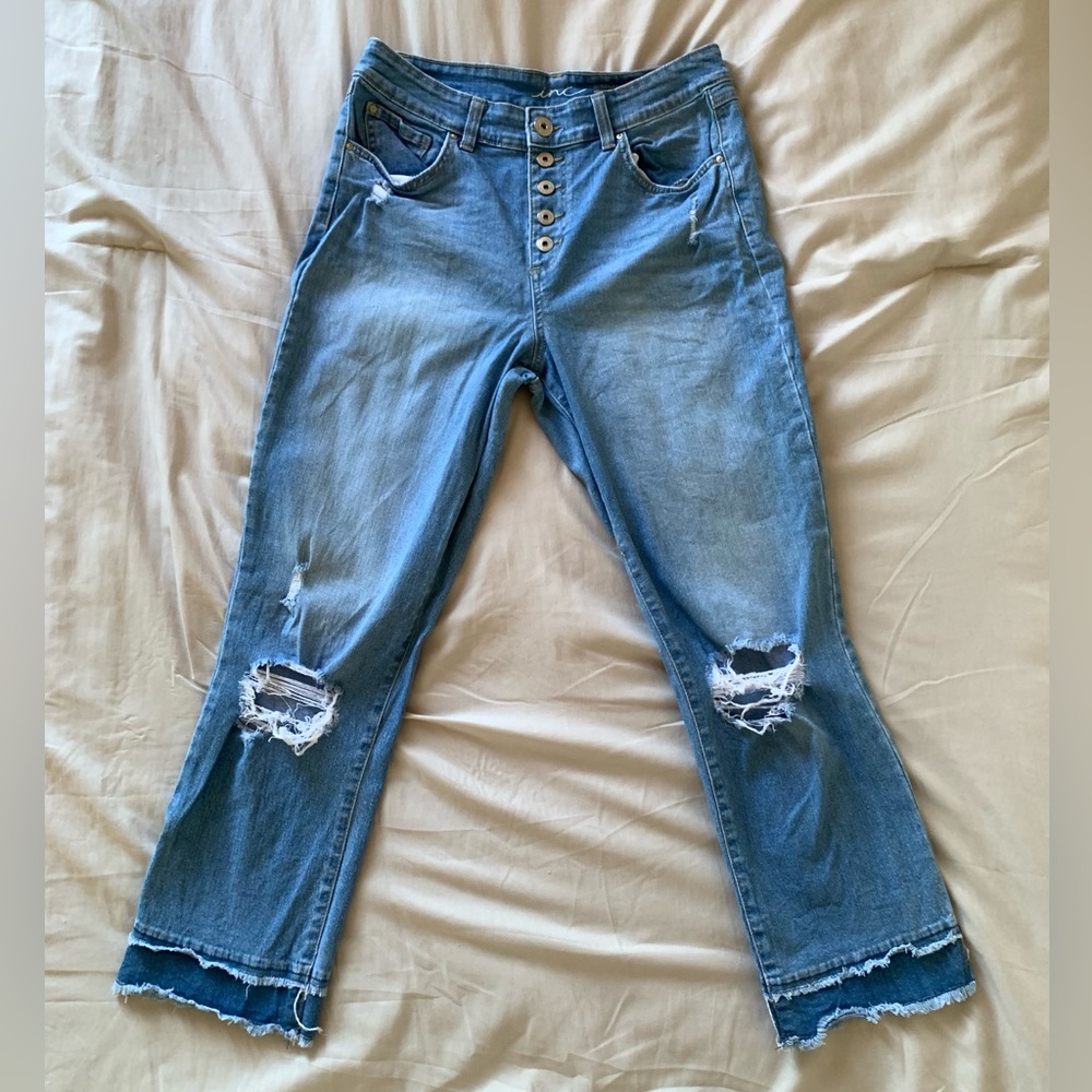 INC High Waisted, Distressed, Straight Leg Jeans with Frayed Bottoms